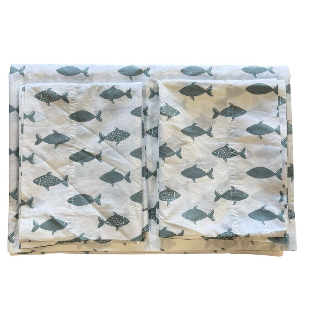 Garnet Hill Twin Flat Sheet & 2 Pillowcases Mini-Print Percale Blue Fish Set EUC